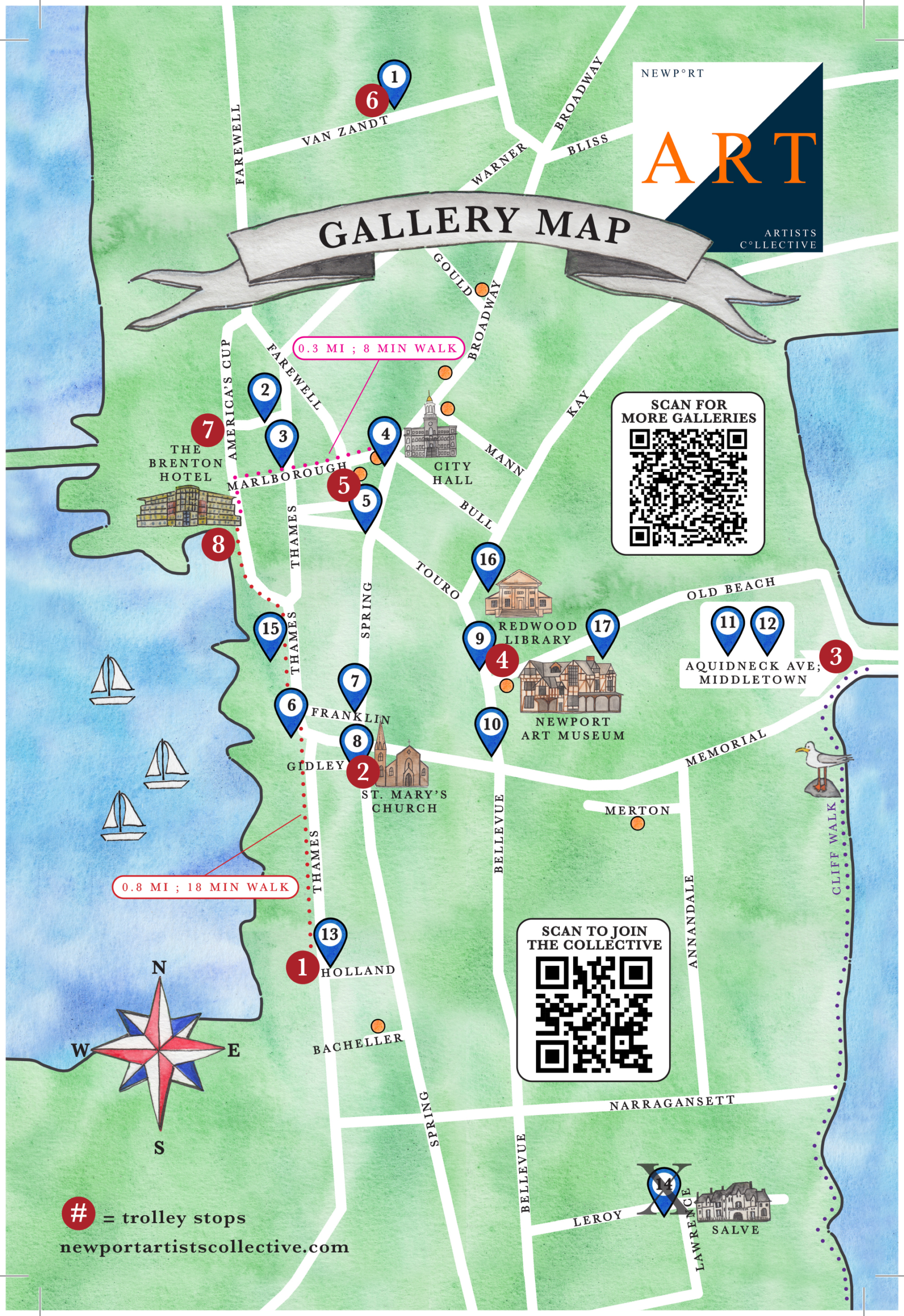 July 2024 Newport Gallery Map and Art Trolley Pick Ups / Drop Offs